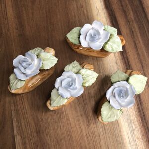 Set 4 Vintage Pia Bone China RPA Napkin Rings Holders Pale Blue Rose Flower 1985